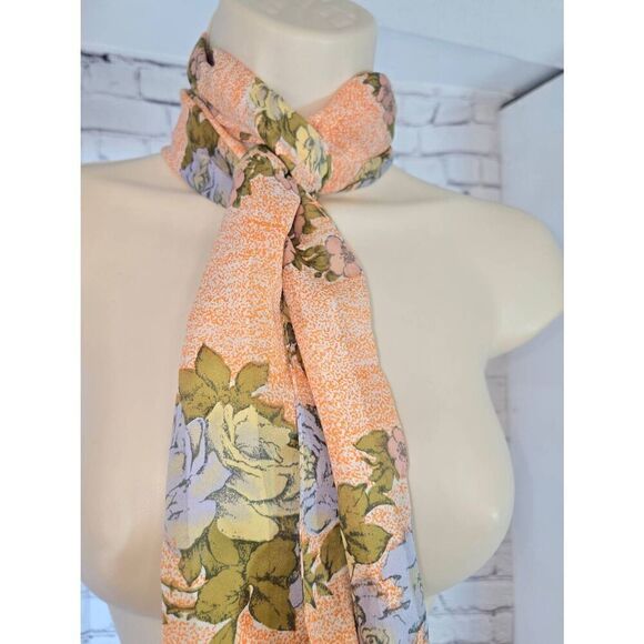 Vintage Womens Orange/Green Floral Rectangle Neck Or Head Scarf - Picture 2 of 4